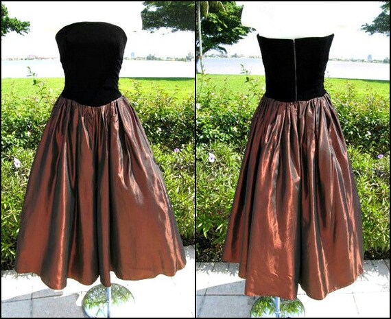 Vintage 50s Dress / fits XS / Copper Taffeta Velv… - image 1