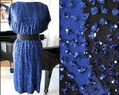 Vintage 70s Disco Dress: Ricki Lang Nuit, Blue Glitter Zebra Print, Size S