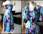ACT 1 Vintage Floral Dress and Peplum Jacket /  fits S / Crinoline Midi Skirt