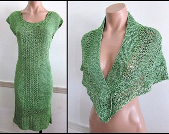 Vintage 60s Hand Knit Crochet Dress and Shawl / fits XS-S / Green metallic knit set