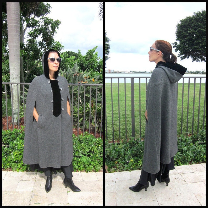 Victorian Inspired Vintage Wool and Velvet Cape / Vintage Cape / OSFM / Romantic Grey Wool and Black Velvet Cape / Hooded Cape image 1