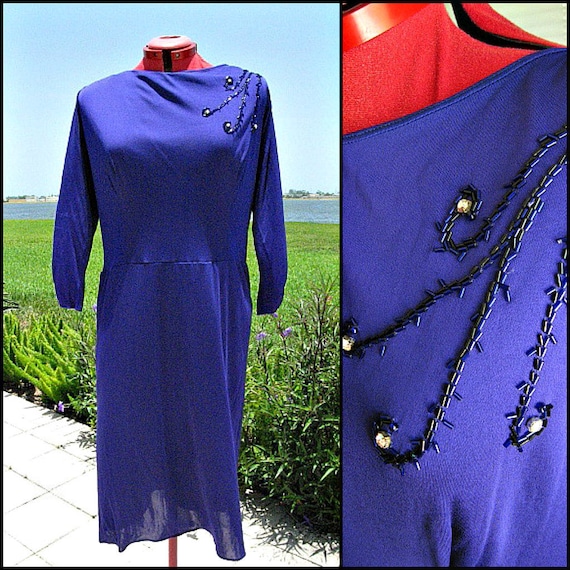 50s Blue Dress / fits L-XL / 1950s Blue jersey Dre