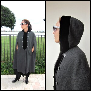 Victorian Inspired Vintage Wool and Velvet Cape / Vintage Cape / OSFM / Romantic Grey Wool and Black Velvet Cape / Hooded Cape image 2