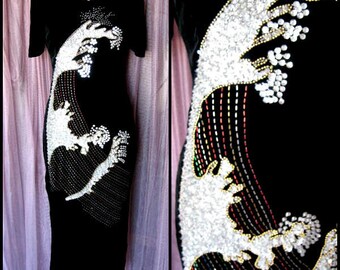 Velvet beaded gown / Vintage Velvet Gown / Silk Velvet Gown / Asian Velvet Gown / fits S / Black Velvet Sequined Gown / Hand beaded gown