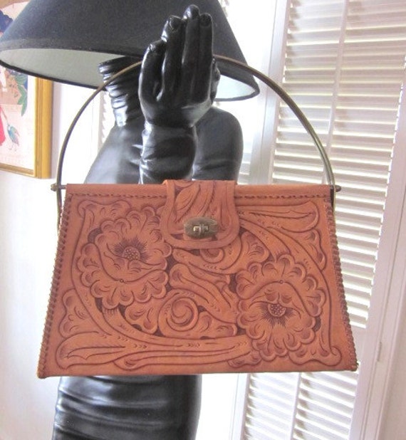 Vintage Tooled Purse / 60s Tooled Handbag / Tooled