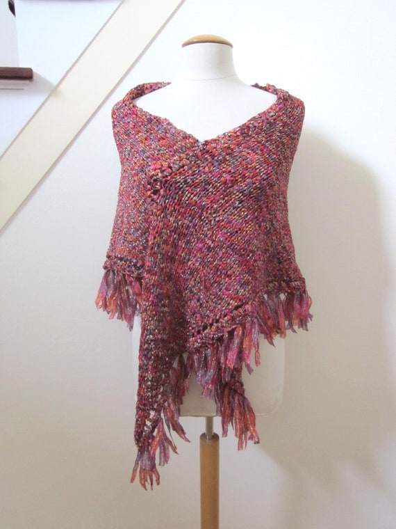 Hand Knit Shawl / OSFM / Gold shawl / Gold Pink P… - image 5