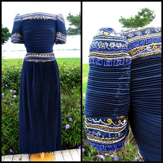Vintage Richilene Beaded Fortuny Pleat Gown: Navy… - image 1