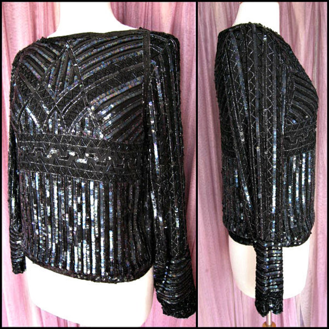 80s Violet Blue Sequin And Beaded Top With Pointed Hem By Praise Hymn Fashions main image 0