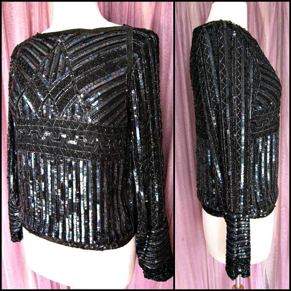 Sequin and Bead Blouse / Black Sequined Top / Vint
