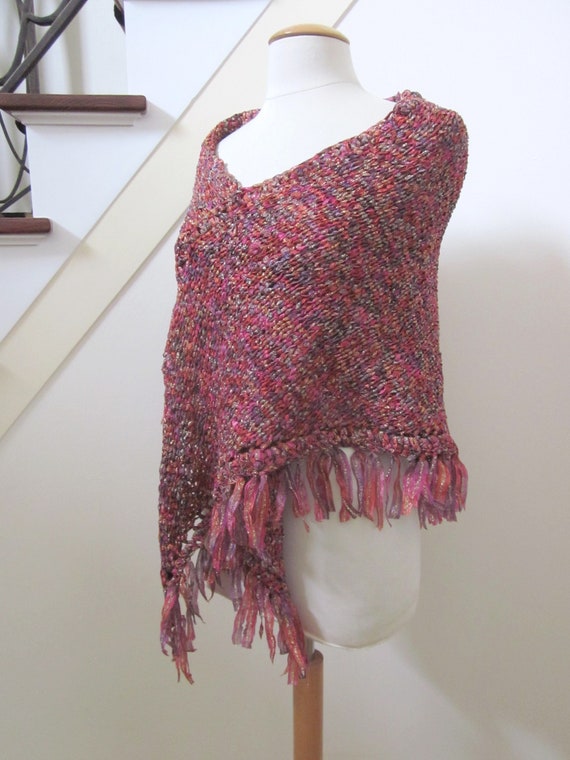 Hand Knit Shawl / OSFM / Gold shawl / Gold Pink P… - image 7