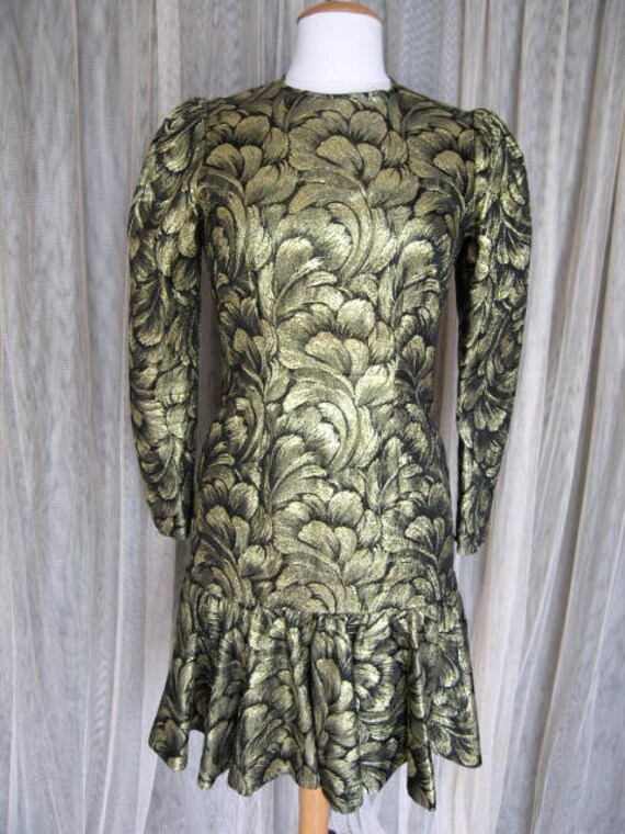 Vintage gold brocade dress / fits S / 80s gold dr… - image 2