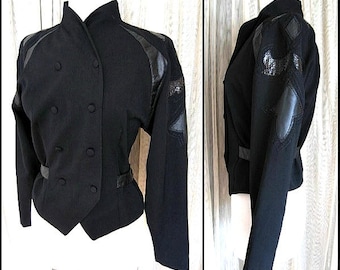 Vintage Snakeskin Leather Trim Wool Jacket - Military Style