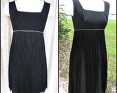 60s Vintage Fringed Little Black Dress: Rhinestone Trim, Fits XS-S