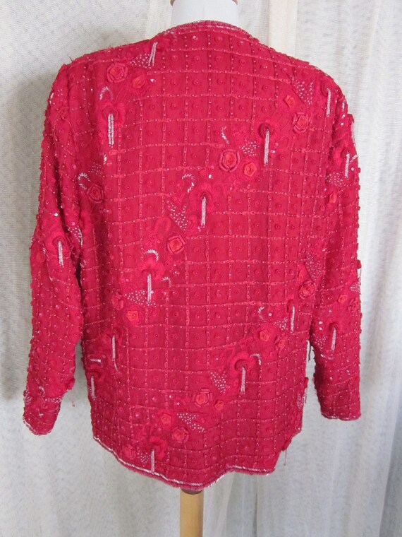 RED 3-D Flower Beaded Vintage Jacket // fits L //… - image 4