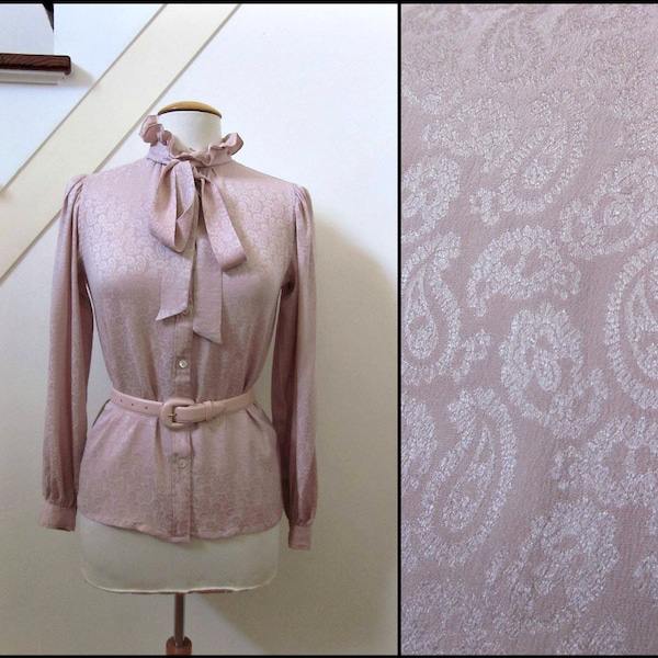 Vintage Saint Laurent Blouse / 70s YSL Blouse / fits XS-S / 70s Saint Laurent Silk Blouse / YSL Pink Silk Jacquard Blouse