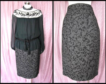 Italian Pencil Skirt / Fits S / Vintage Italian Gray and Black Skirt / 90s Fleur Skirt / Gray and Black Floral Skirt