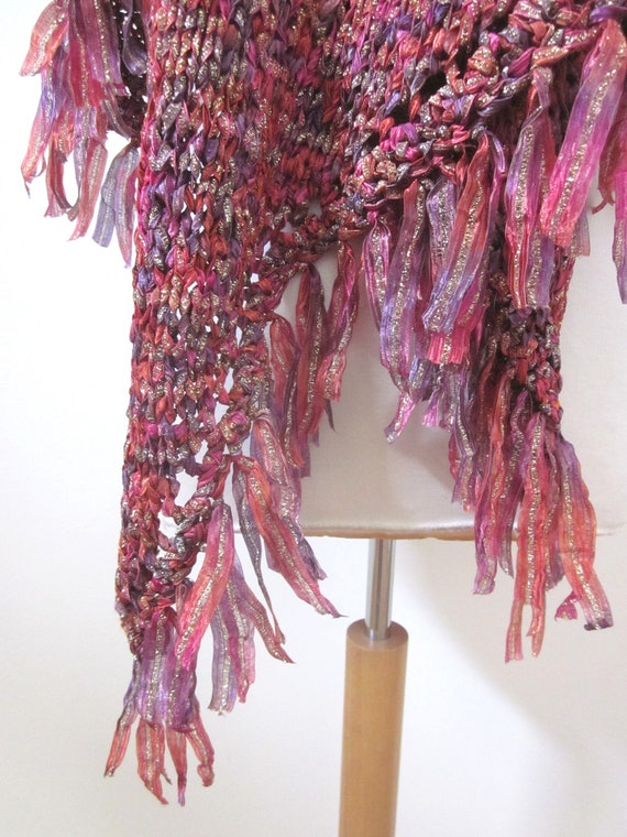 Hand Knit Shawl / OSFM / Gold shawl / Gold Pink P… - image 6