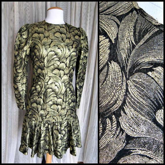 Vintage gold brocade dress / fits S / 80s gold dr… - image 1