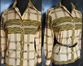 GARLITZ 60s Mod shirt / 60s luggage print Shirt / fits S-M / Garlitz blouse / Mod designer blouse
