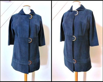 1960s 60s Mod Teal Suede Car Coat - Size S/M - Vintage Blue Suede Coat