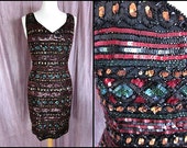 Vintage Adrianna Papell Beaded Dress: Jeweled Geometric Silk Evening Dress (Fits M)