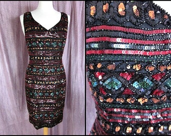 Vintage Adrianna Papell Beaded Dress: Jeweled Geometric Silk Evening Dress (Fits M)