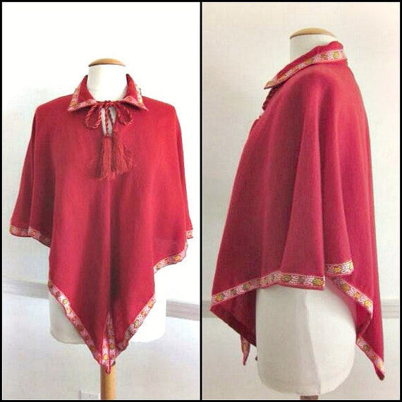 Cashmina poncho / Red Poncho / Vintage red poncho / O… - Gem