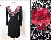 Vintage Rose Sequin Knit Dress: 80s Party Glam