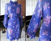 VINTAGE Floral Dress / Palm Beach Socialite / fits S / Ruffled collar cuffs / Sheer Floral Georgette