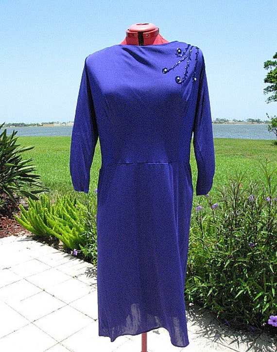 50s Blue Dress / fits L-XL / 1950s Blue jersey Dr… - image 3