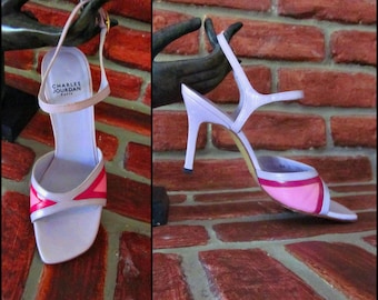 Vintage Charles Jourdan Sandals: Lavender & Pink Leather Heels, Size 7.5