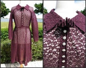 1940s LACE DRESS // fits M // Plum Purple Floral Lace Overlay // Fancy Rhinestone Buttons