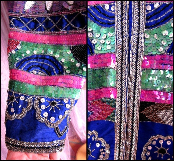 Blue Silk Beaded Jacket / fits L / Thai Silk Bead… - image 5