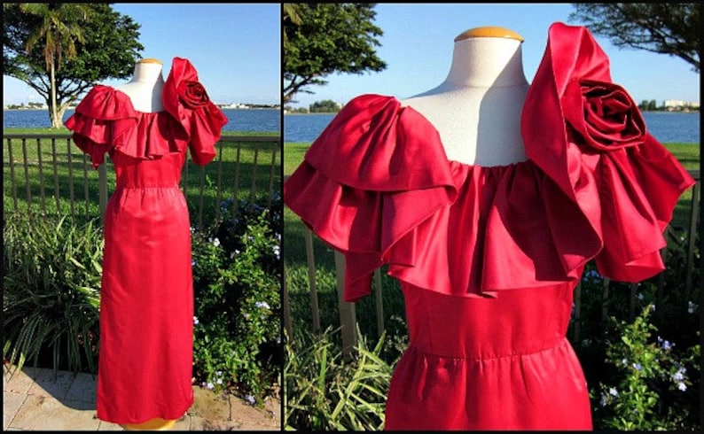 WILLIAM PEARSON Vintage 60s 1960s Gown Dress / Portrait Ruffle Rose neckline / fits M image 1