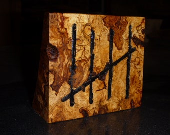 5, "Five Down, Infinity to Go", hand carved counter for 5th year WOOD anniversary gift with tally marks