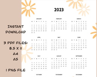 Printable 2023 Calendar- Instant download - Full year view- MINIMALIST- 8.5 x 11 A4, A5