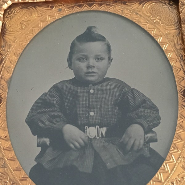 1860's TINTYPE Photograph of Little BOY with Top Curl - 1/6 Plate Cased Image