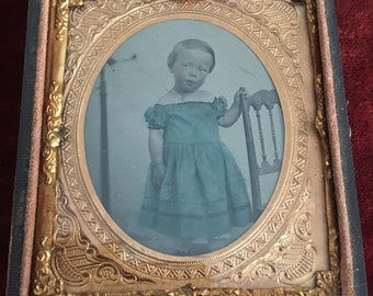 Double Glass Gold Color Pinchbeck Framed. Half Case 163 yr Old Darling Fashion Pose VICTORIAN AMBROTYPE Lady Full Big Dress Artist Tinted