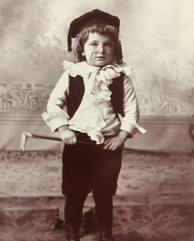 Child with Pince Nez Glasses and CaneWalking Stick Cleveland Ohio VICTORIAN Cabinet Card PHOTOGRAPH