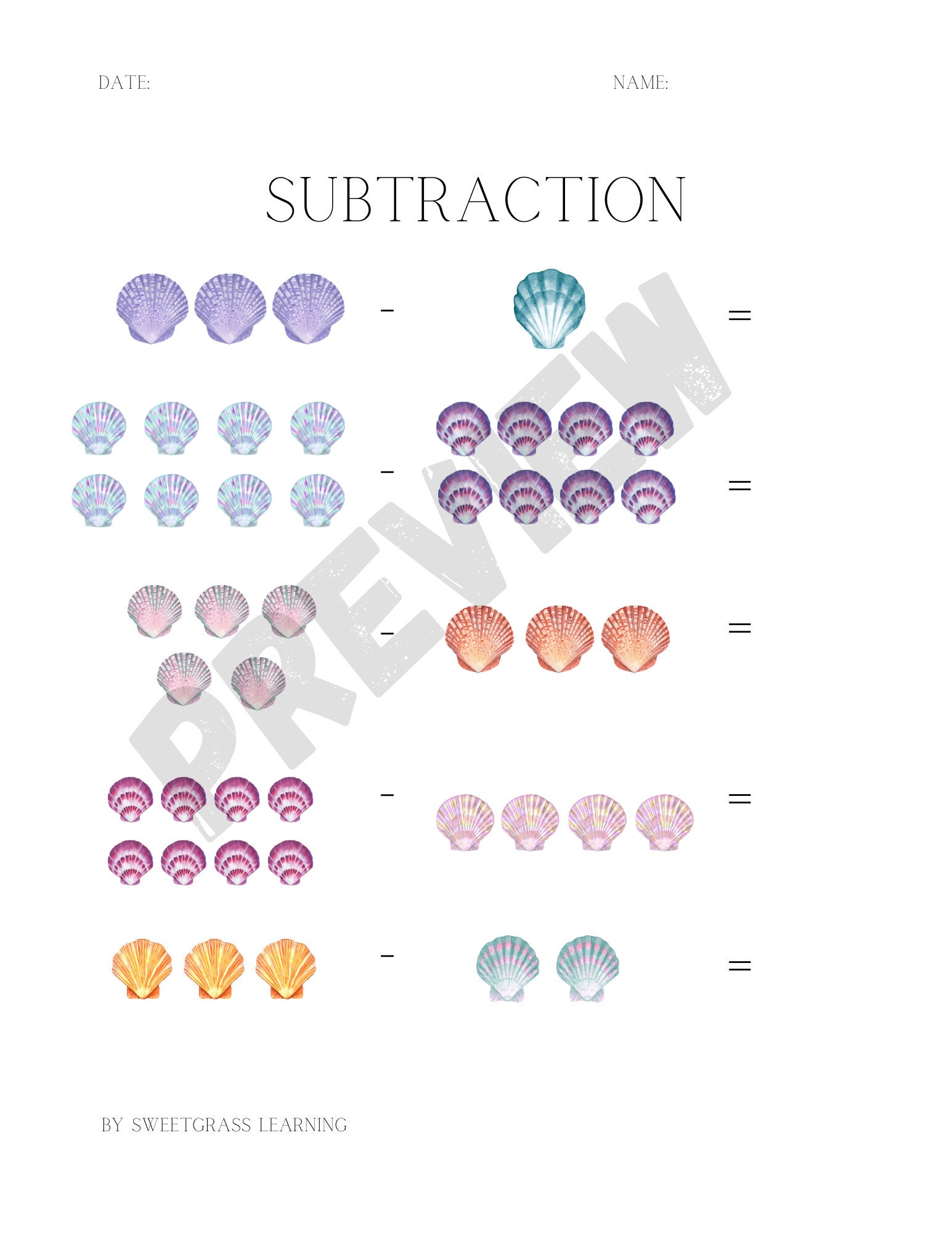 Shell Subtraction Worksheets - Etsy