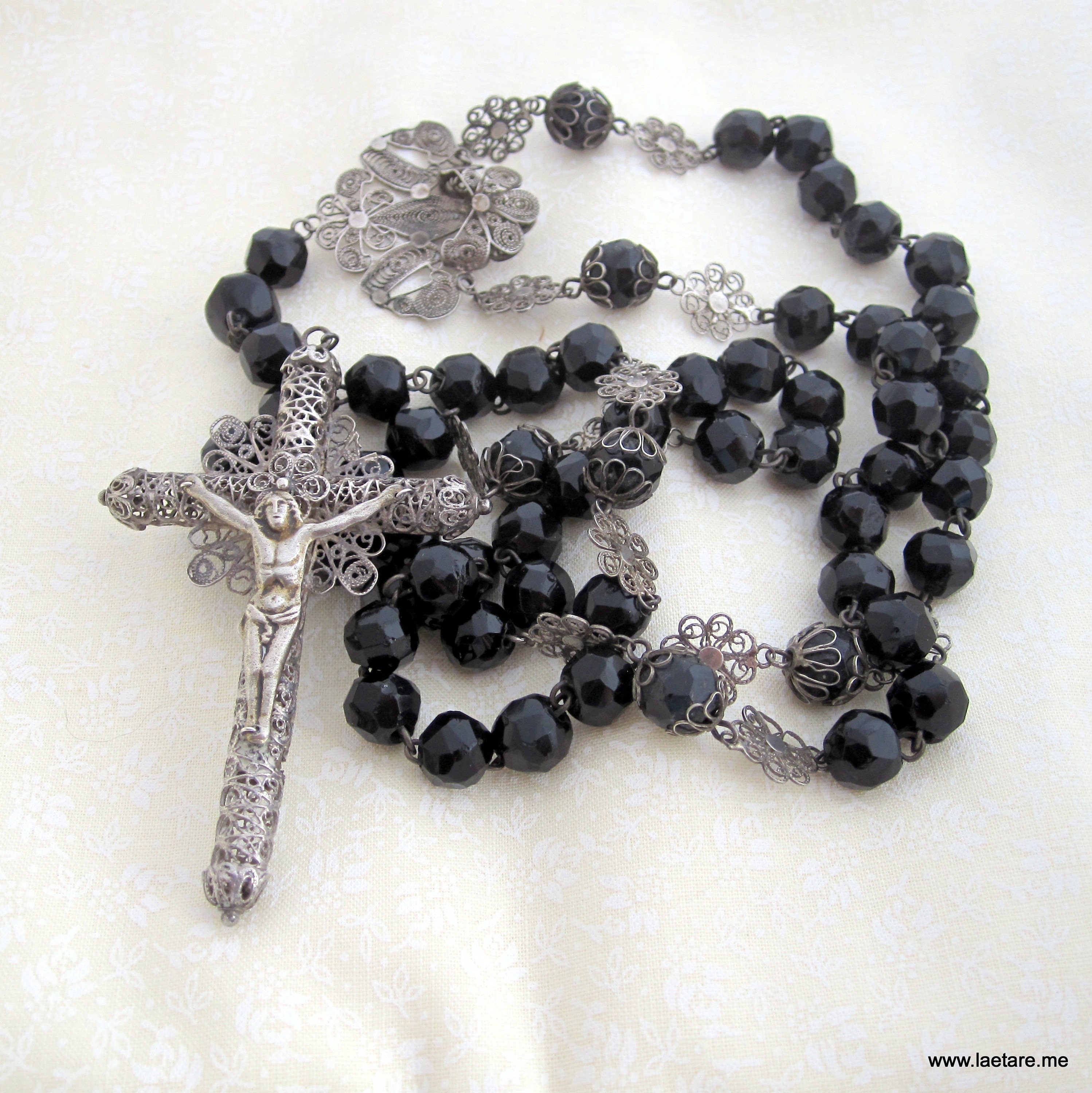 Stunning Antique Spanish Azabache / Jet Black and Sterling Silver Rosary - Filigree - Catholic Religious- Traditional Spain