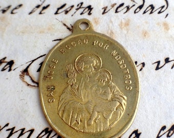 Antique Saint Joseph and Hearts of Jesus and Mary - Brass Medal Spain