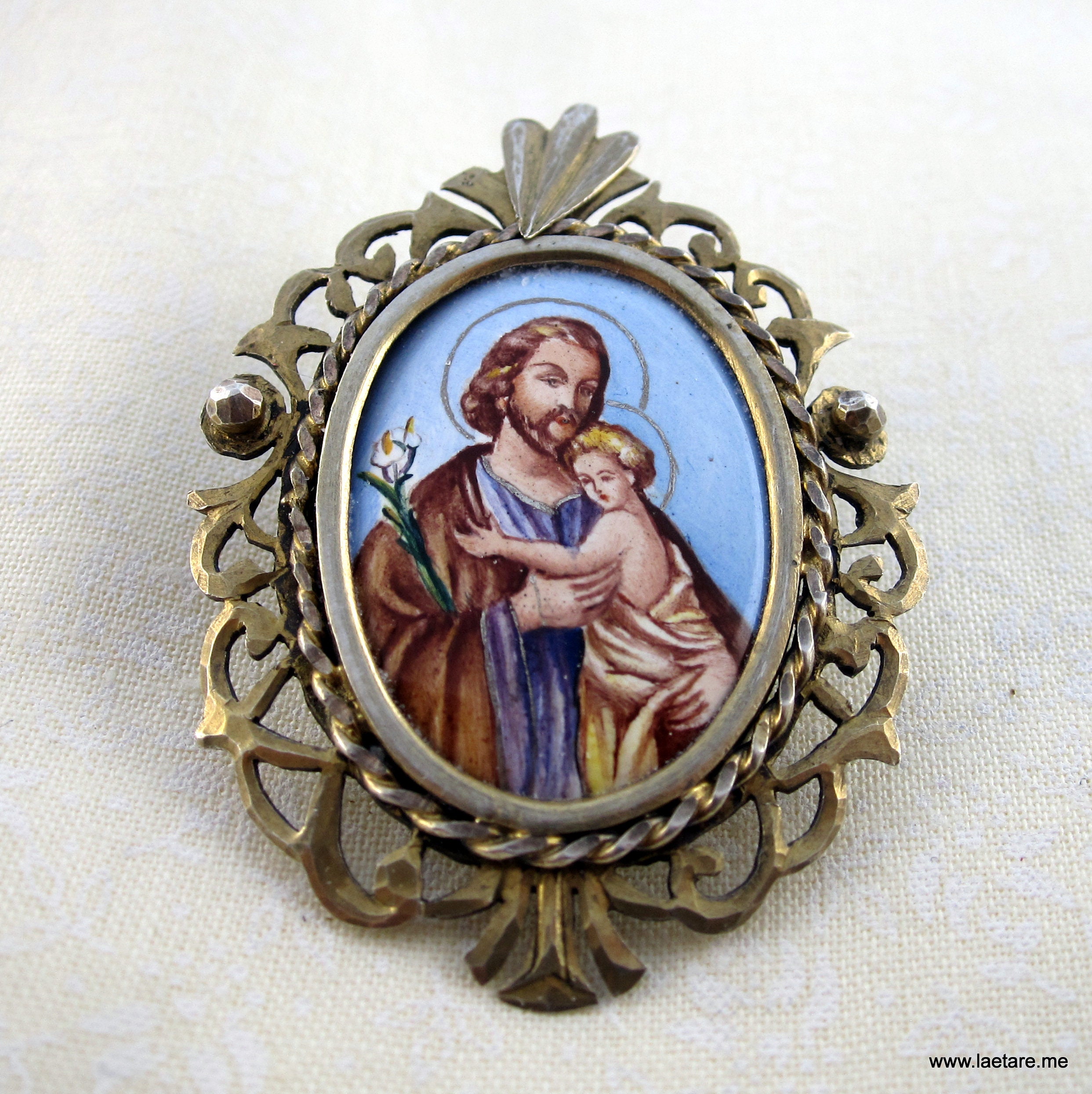 Gorgeous Enamel Brooch Saint Joseph - Hand Painted - Silver and Gold - Catholic Religious - Spain  -