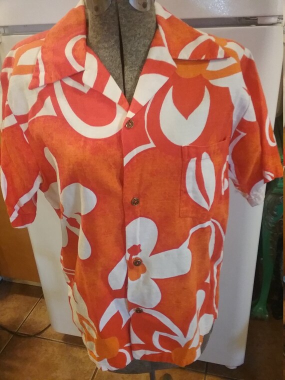 Bright Orange and White Bark Cloth Hawaiian Shirt