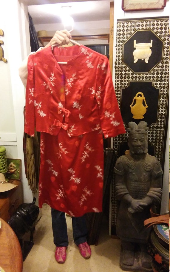 Red silk brocade suit