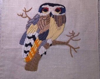 Crewel embroidery owl pillow top or picture