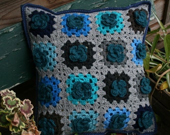 Granny square new pillow, wool granny squares with crocheted flowers, cotton fabric, new pillow inside, DAKOTA