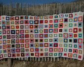 Gorgeous french vintage afghan blanket, DOMINO, made with granny squares, bright colors, white edges.