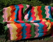 French vintage handmade crocheted afghan MEXICO, with chevrons, multicolored stripes.