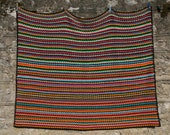 Crocheted retro french vintage afghan, multicolored stripes, GINGKO, bayadere style, warm colors, pink, yellow, art and crafts